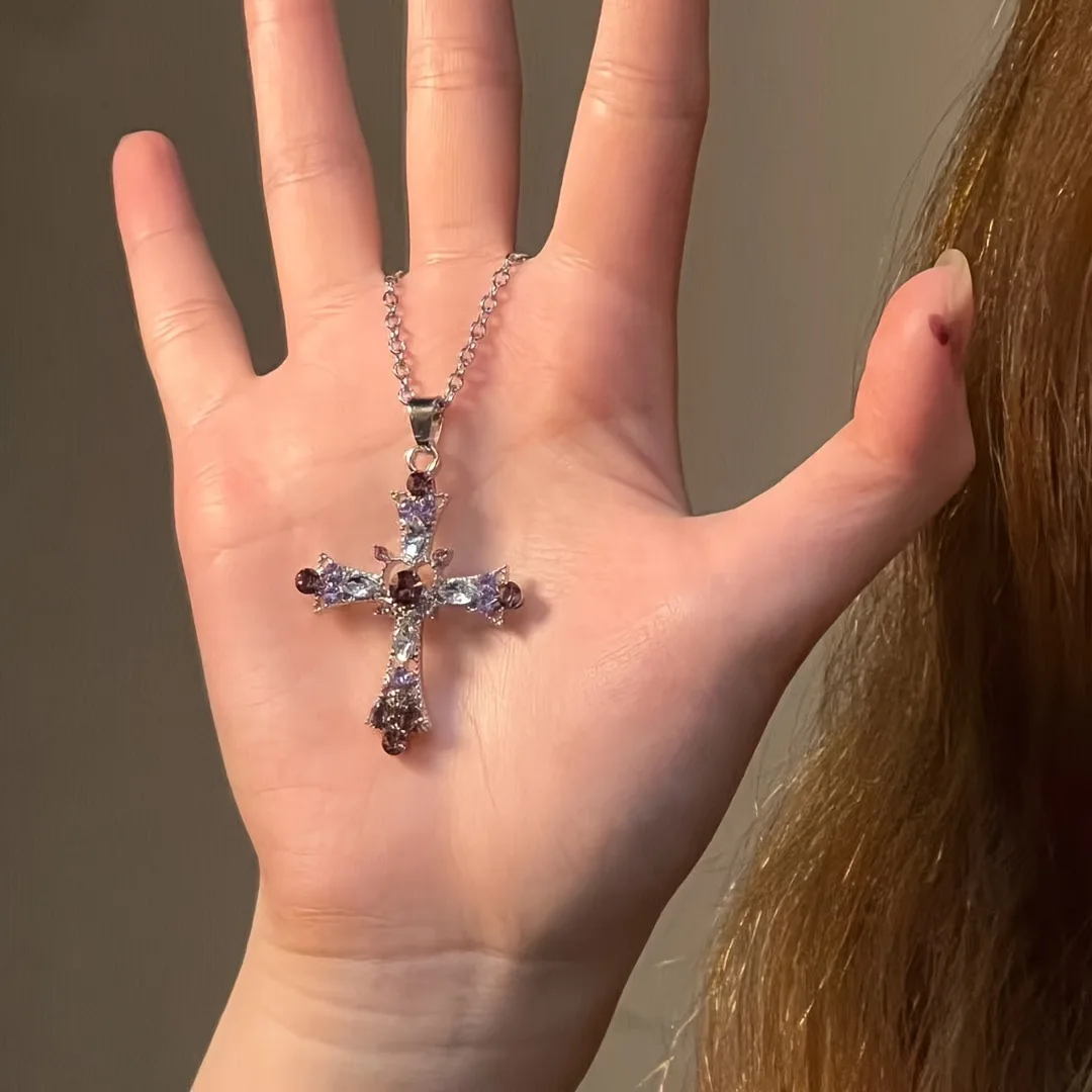 Y2K الزركون الصليب قلادة الوردي الأرجواني الحب القلب الصليب قلادة القلائد للنساء القوطية مجوهرات حفلة إكسسوارات فتيات 2023