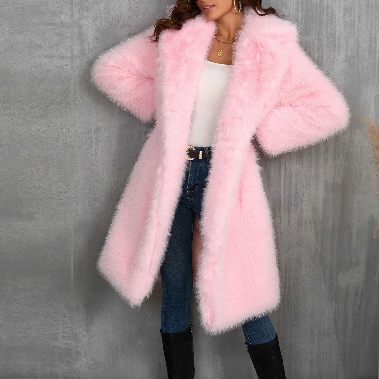 Pink Long Faux Fur Coat Women Autumn Winter Large Jacket Overcoat Turn Down Collar Pockets Thick Coat Warm Jackets Maxi Coats