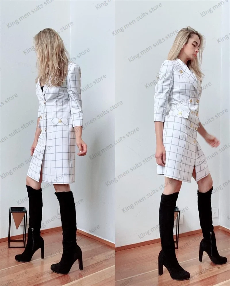 Traje blanco a cuadros para mujer, Blazer largo para boda, vestido Formal de graduación, abrigo de doble botonadura con botones de Metal, traje hecho a medida