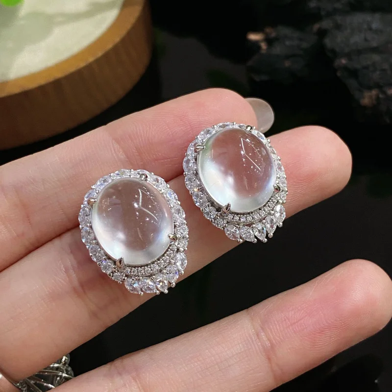 Natural Ice Transparent Gray Agate Green Chalcedony Oval Full Diamond Pendant for Women Vintage Elegant Earrings Two-Pie view 4