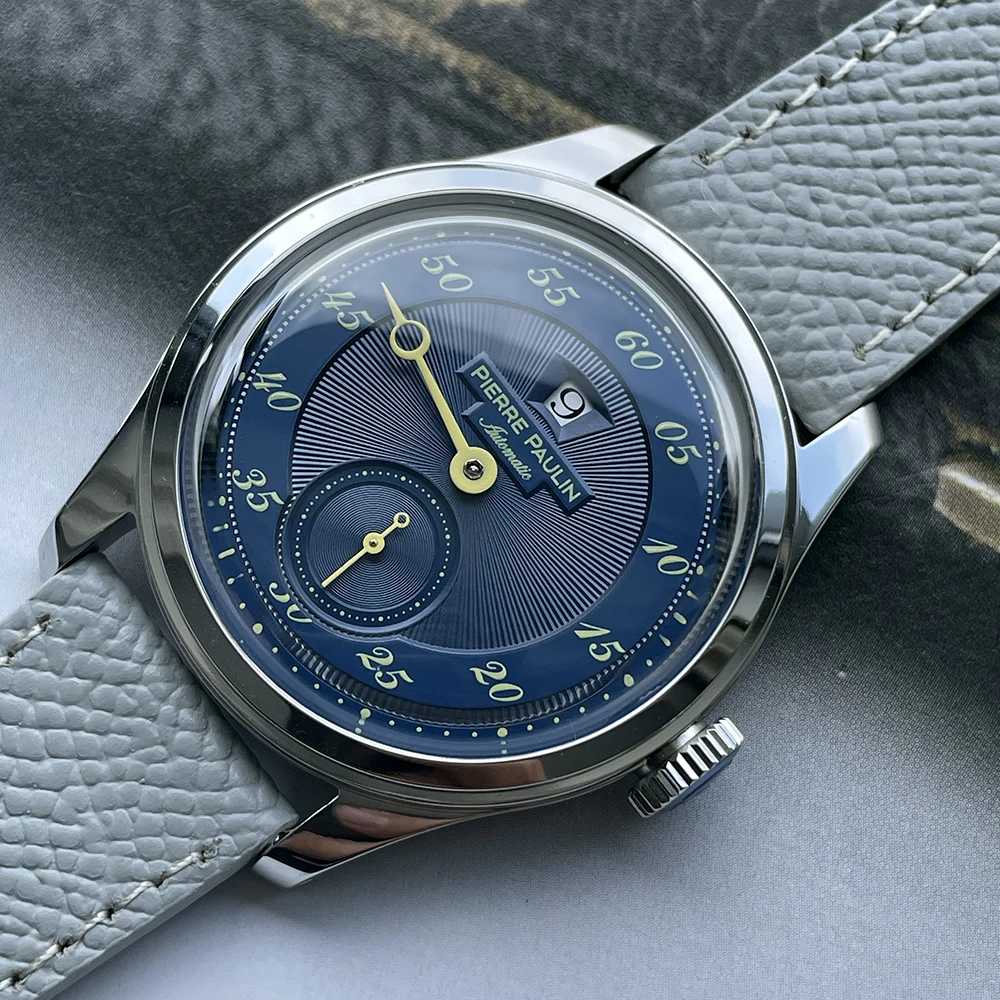 จุดสินค้าใหม่ Pierre Paulin กระโดดชั่วโมงนาฬิกาผู้ชาย Salmon Dial อัตโนมัติ St17 นาฬิกา Vintage Bonklip สร้อยข้อมือ