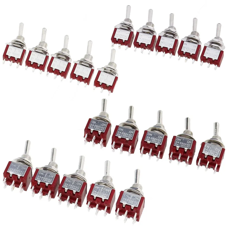 5Pcs Miniature Toggle Switch Single Pole Double Throw ON-OFF-ON /ON-ON 120VAC 6A 1/4 Inch Mounting MTS-102 103 202 203