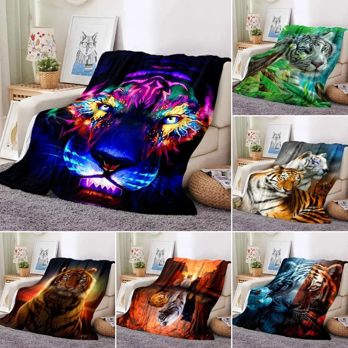3D Tiger Blanket Super Soft for Spring Autumn Modern Line Art Wild Animals Pattern Blanket Throw for Bed Couch Sofa King Size