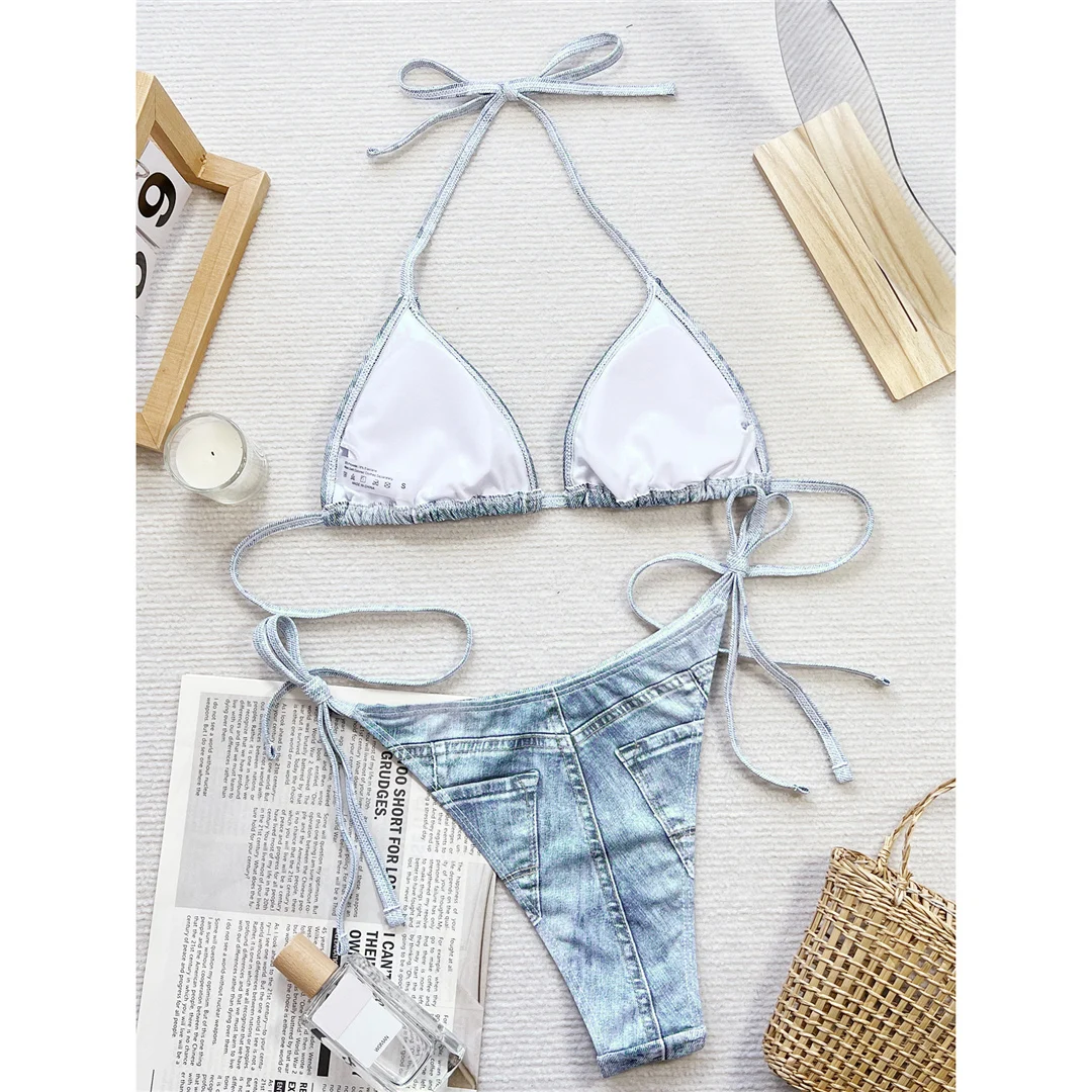 Denim-Bikini mit Print, Neckholder, Trägern und hohem Beinausschnitt, Damen-Badeanzug, zweiteiliges Bikini-Set, Badebekleidung, Badeanzug, Schwimmanzug V5779 – Detail 10