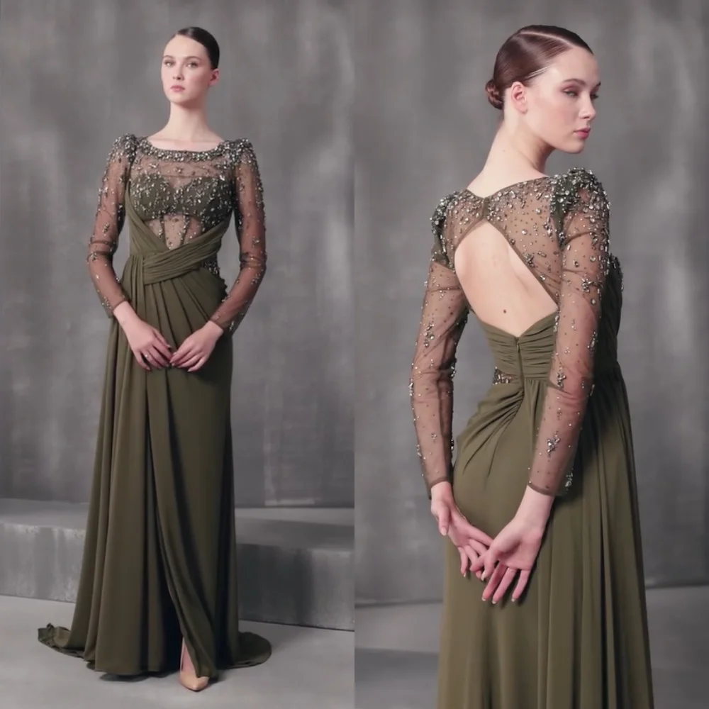 

Customized Chinese Style Chiffon Sequined Pleat A-line Scoop Neck Long Dresses Bespoke Occasion High Quality