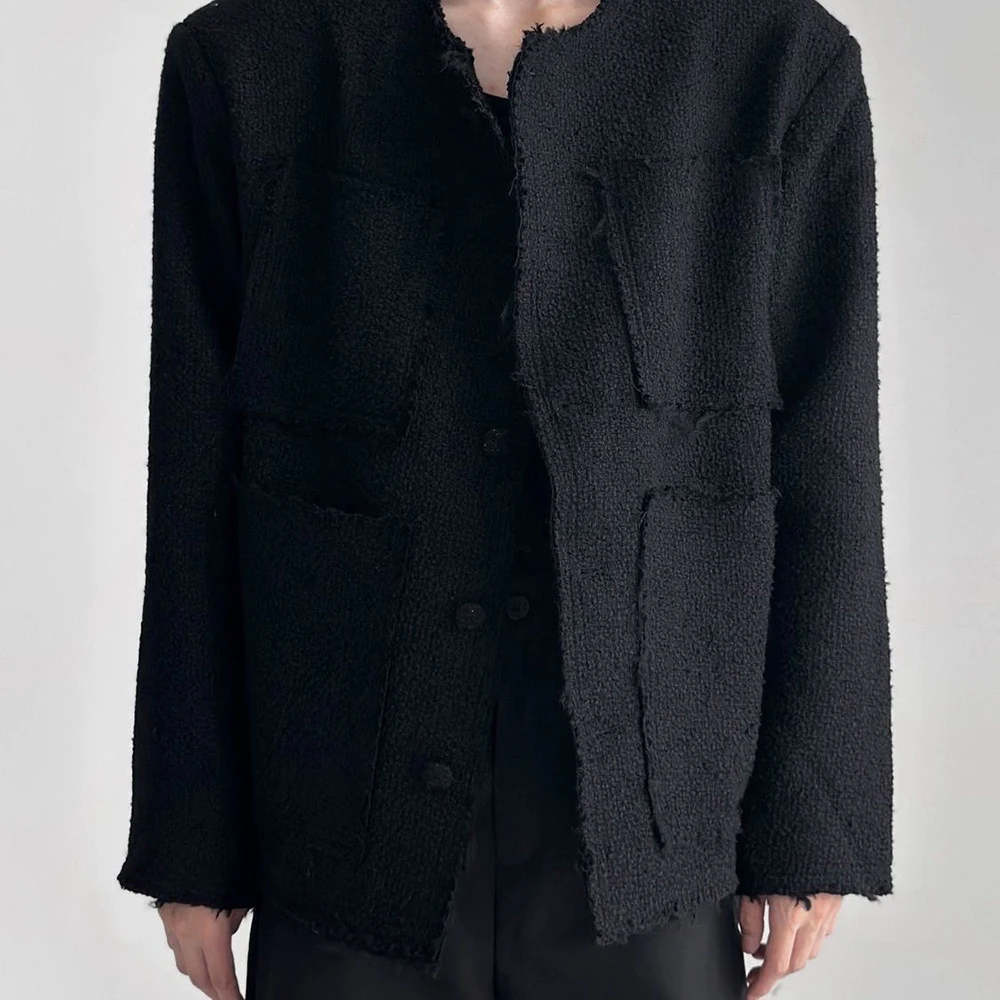 Mens Solid Color High-End Jacket Autumn And Winter New Style Raw Edge Design Collarless Loose Top Korean Style Trendy Jacket