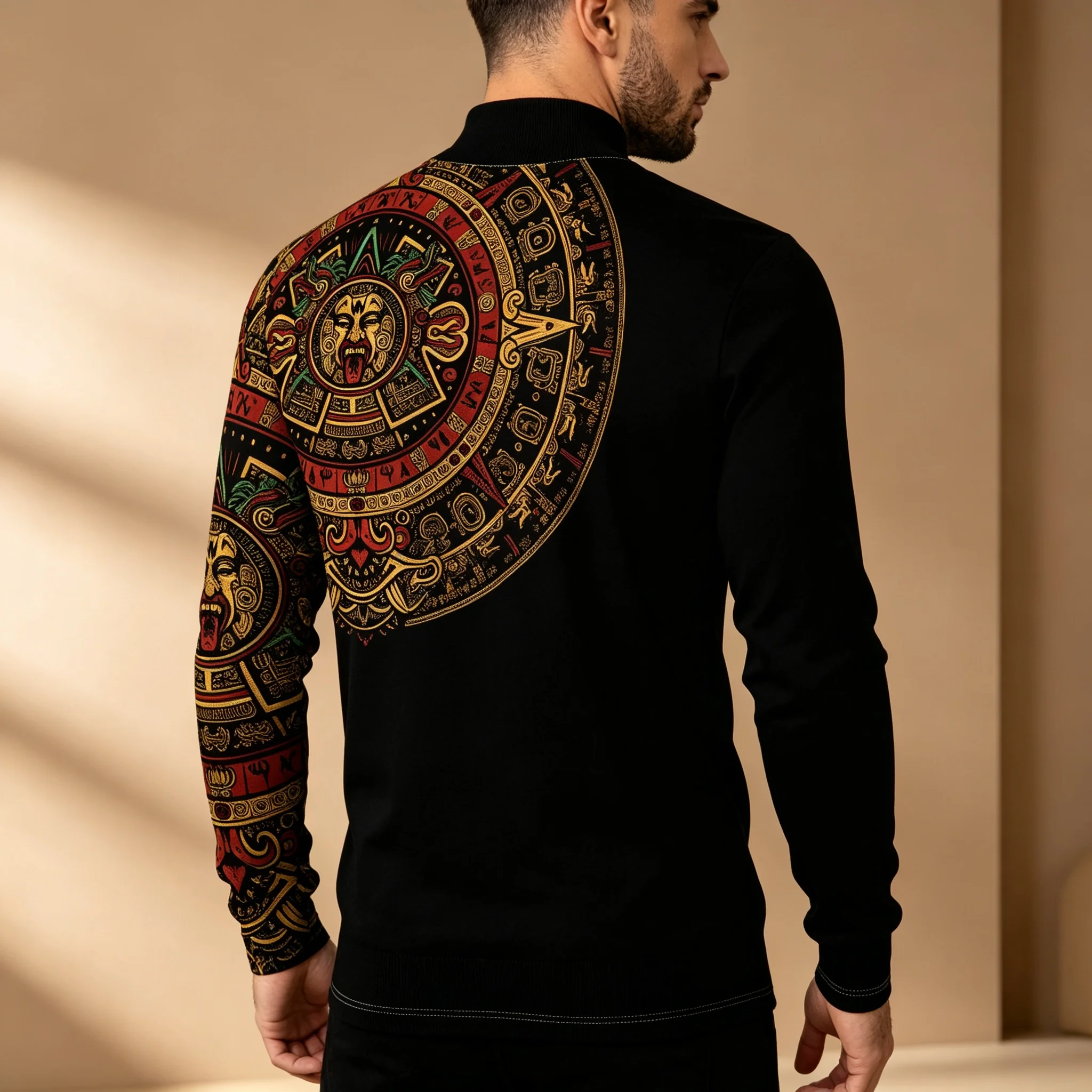 Men Mock Neck Long Sleeve T‑Shirt Aztec Calendar Tribal Print Mexican Ancient Totem Graphic Streetwear Casual Pullover Tops  Men