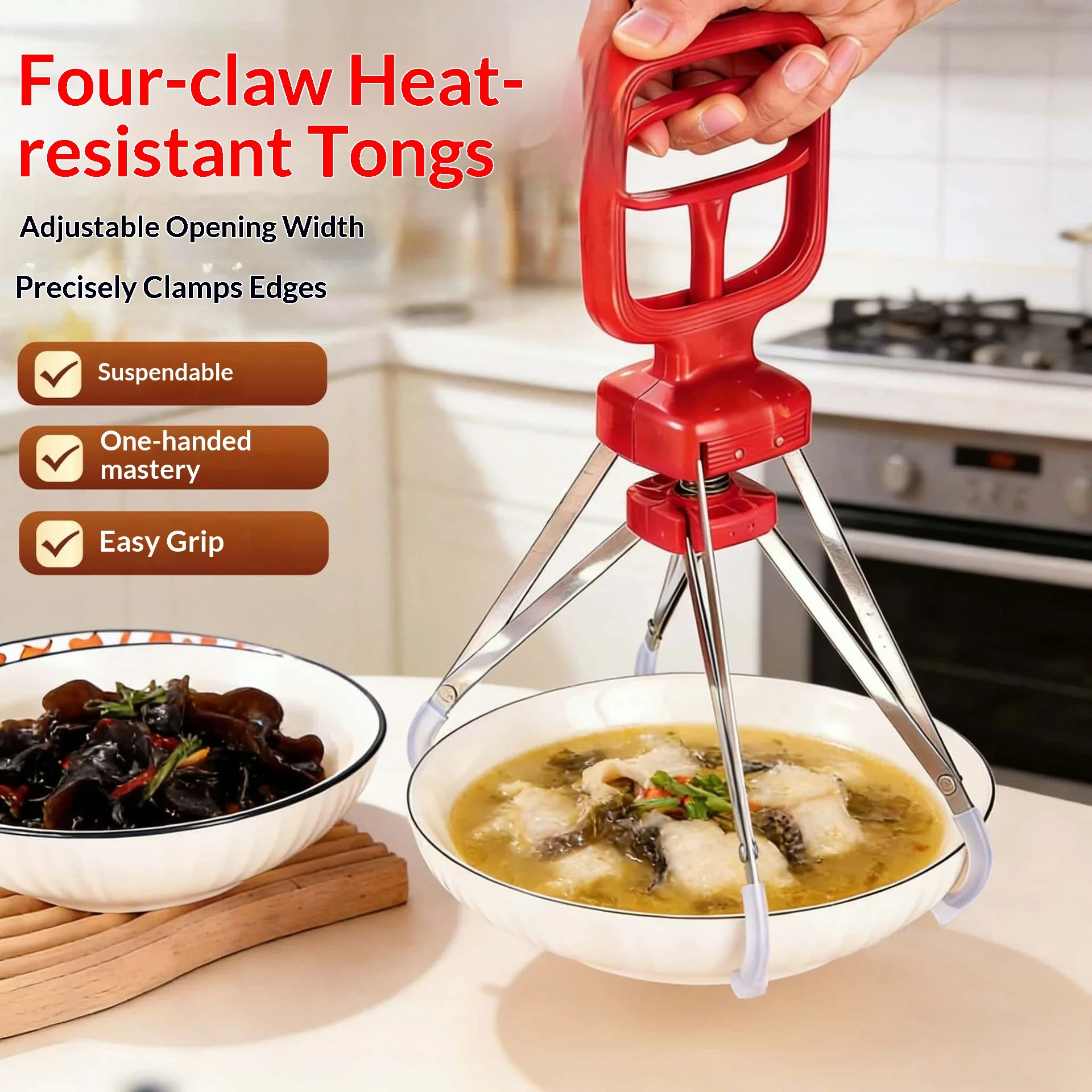 1pc 4-Prong Stainless Steel Anti-Scald Gripper, Non-Slip Bowl & Plate Lifter for Steaming, Hanging Design