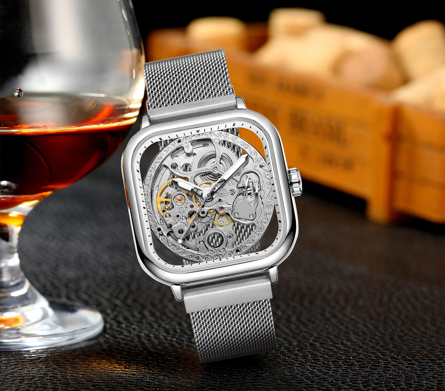 FORSINING Engraved Men Watches Automatic Skeleton Mechanical Luminous Hands Hollow Square Case Carving Mesh Steel Band Man Clock