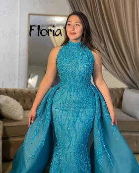 エレガントなブルーのスパンコールドレス,パール,ホルターネック,セクシー,ノースリーブ,ウエディング,イブニングドレス,フォーマルな機会,2個