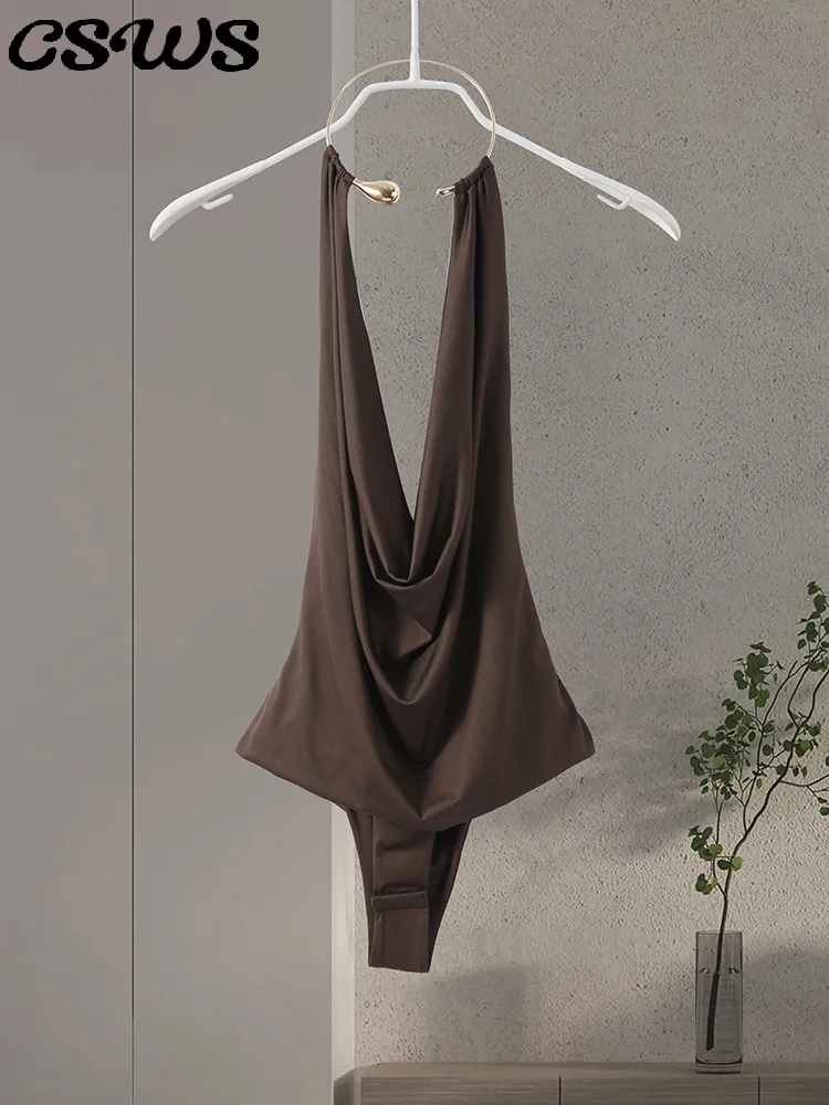 

Vintage Deep V-neck Romper Women Solid Fashion Ring Pleated Sleeveless Backless Female Jumpsuit 2025 Summer Chic Lady Streetwear