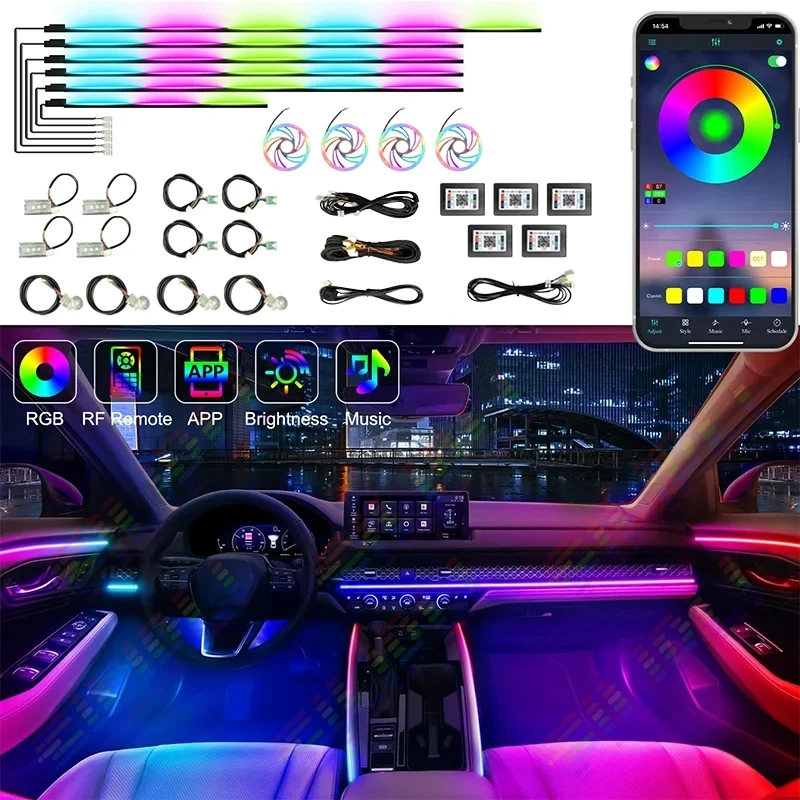 

22 In 1 Car Ambient Light64 Color RGB Symphony Interior Acrylic Guide LED Strip Light Decoration Atmosphere Lamp by APP Control