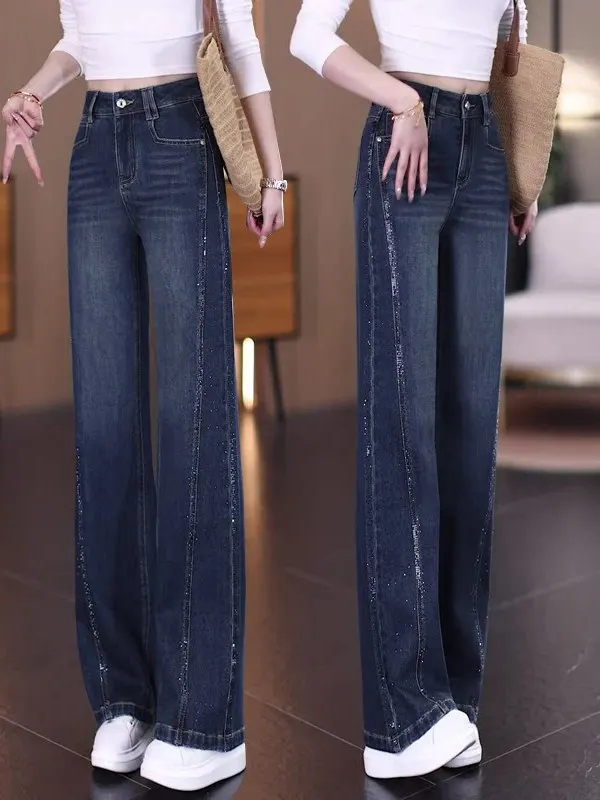 Fashionable High Waist Wide Leg Denim Jeans Women's Spring Summer New Style Slimming Skinny Casual Straight Cut Diamond Studded