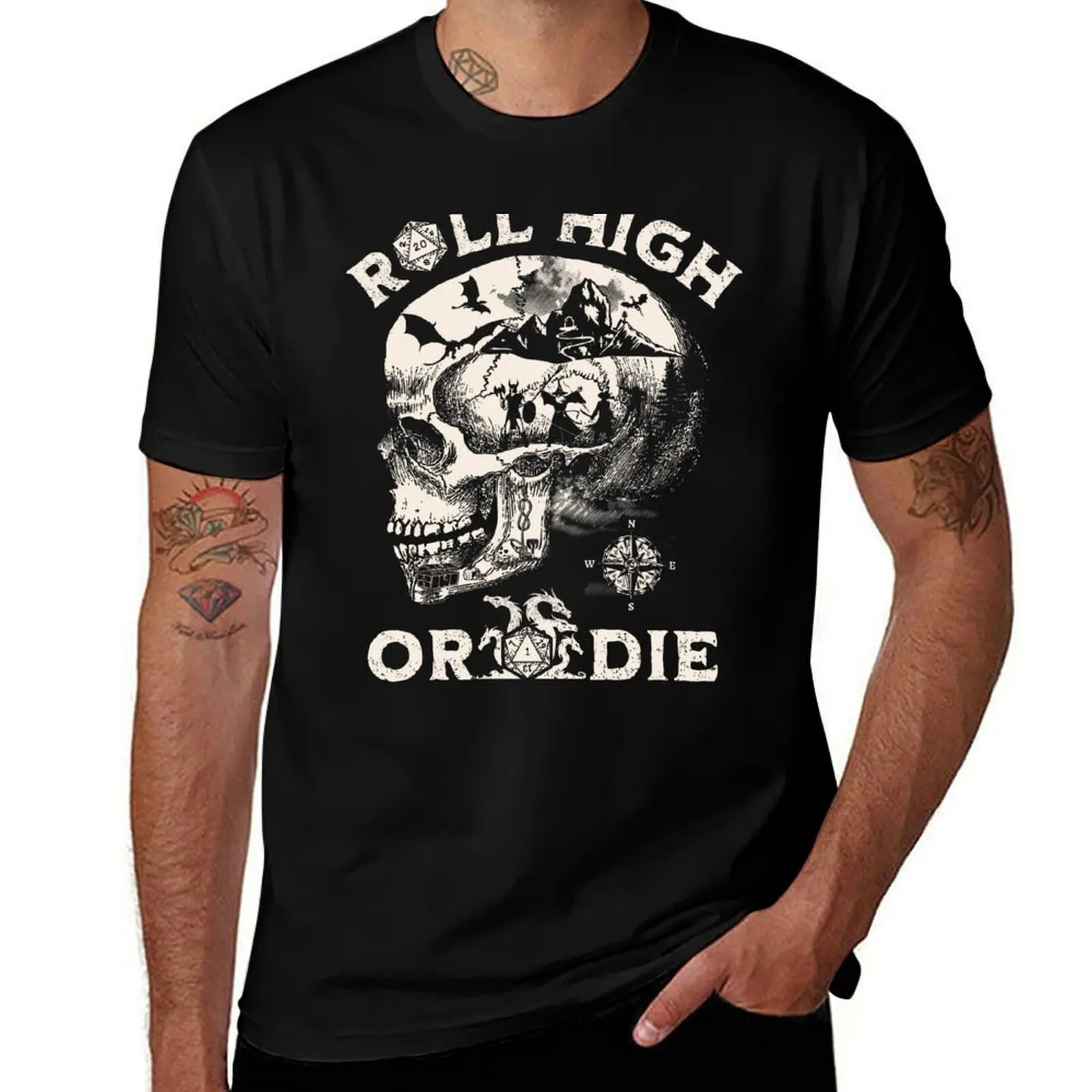 

Dungeons and Dragons: Roll High or Die. Party fighting dragons in a Skull Scene. T-Shirt vintage summer top anime shirts men