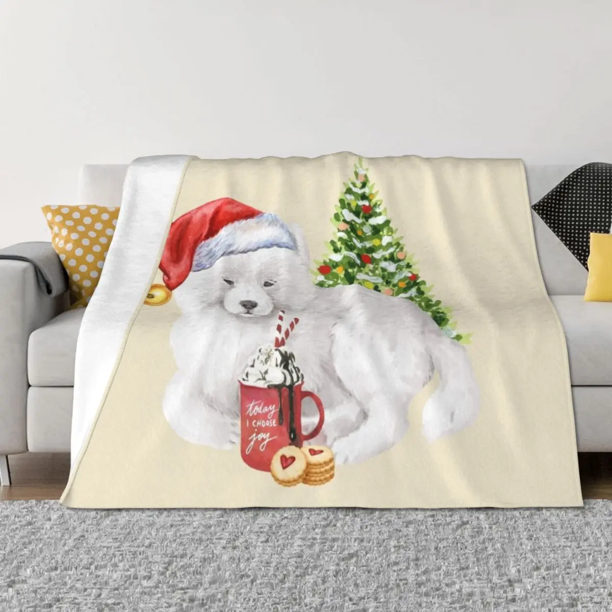 

Samoyed Christmas : Samoyed With Christmas Tree And Hot Chocolate Throw Blanket Cute christmas gifts Designers Blankets