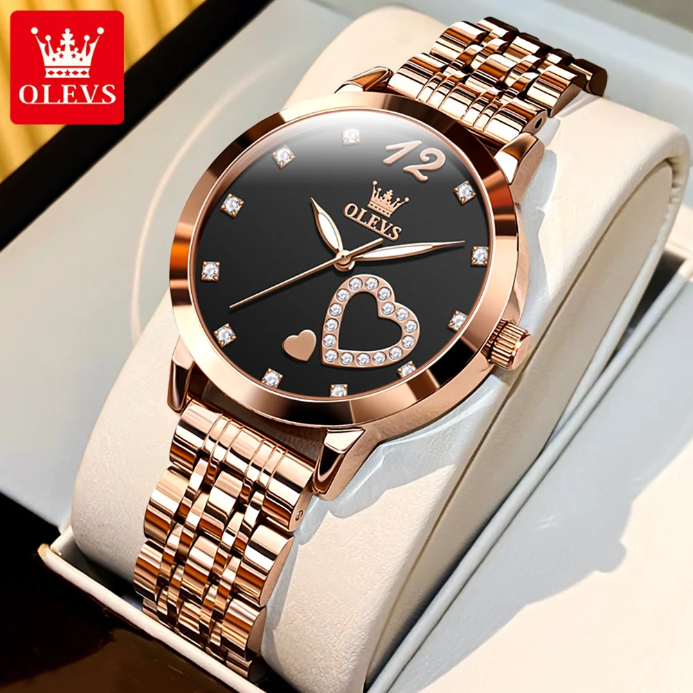 OLEVS Heart Diamond Quartz Watch for Women Elegant Rose Gold Stainless Steel Waterproof Ladies Wristwatch Luxury Women Watch New