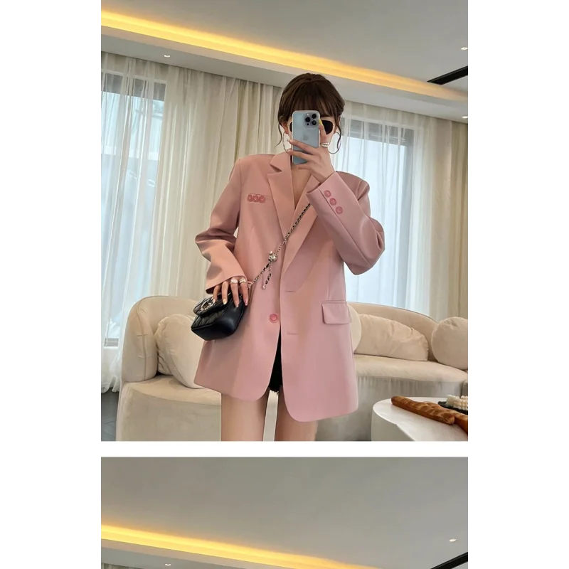 Neue rosa kleine Anzugjacke im chinesischen Stil für Damen, einfarbig, langärmeliges Strickjackenoberteil mit Knöpfen