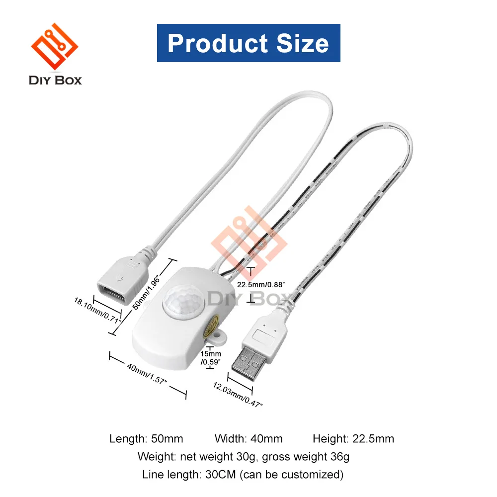 Interruptor de Sensor de movimiento PIR infrarrojo para tira de luz LED, Detector de movimiento humano, USB, 5V, 12V, 24V