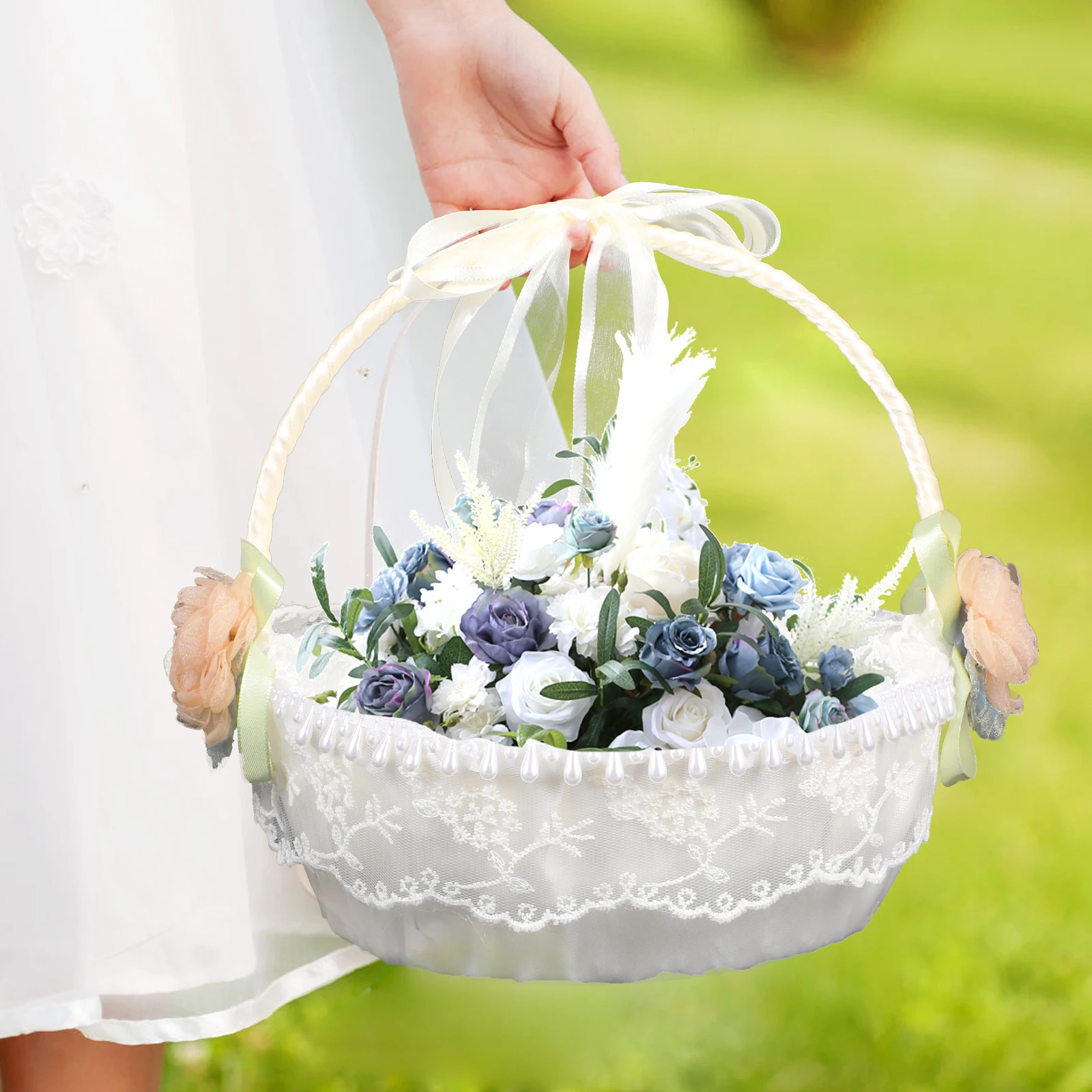 

Lace Wedding Flower Girl Basket Satin Bridal Party Baskets for Shower Event Supplies Storage Container Petal Holder
