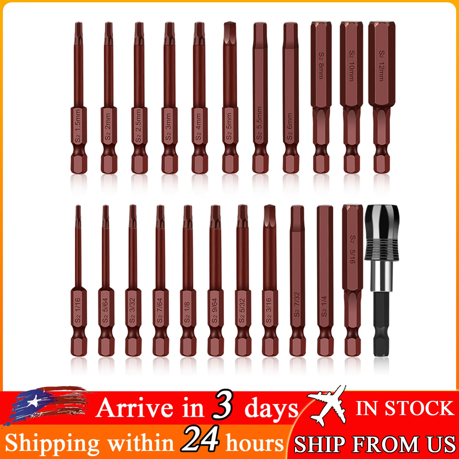 

Hexagon Head Wrench Drill Bit Set Metric SAE S2 Steel Hex Bits 2.3 inch Long 1/4 inch Shank Quick Release Magnetic Screwdriver