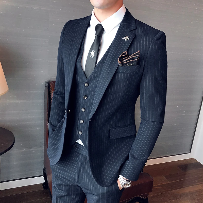 

(Jacket+Vest+Pants) 2024 Latest Stripe Design Single Breasted Mens Suit 3 Piece Set Groom Wedding Business Slim Fit Prom Tuxedos