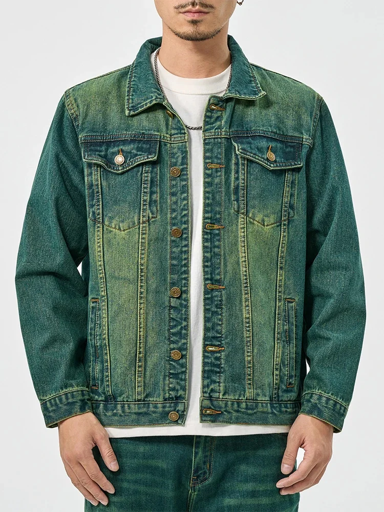 Water ghost green high-end American casual denim suit men's high street tide retro loose jacket large size workwear