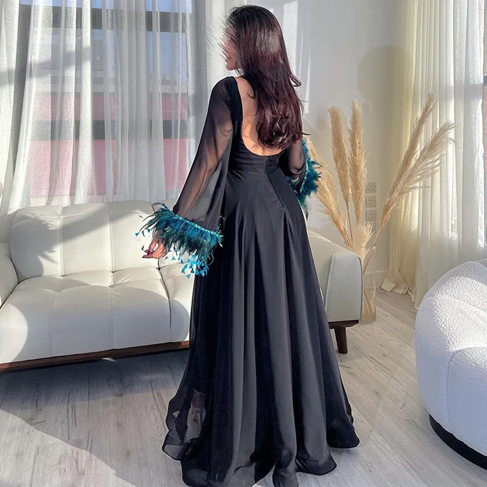 Exquisite Backless Open Back Pleats Feathers Ruffles Evening Dresses Temperament A-Line Scoop Flare Sleeves Organza Party Gowns