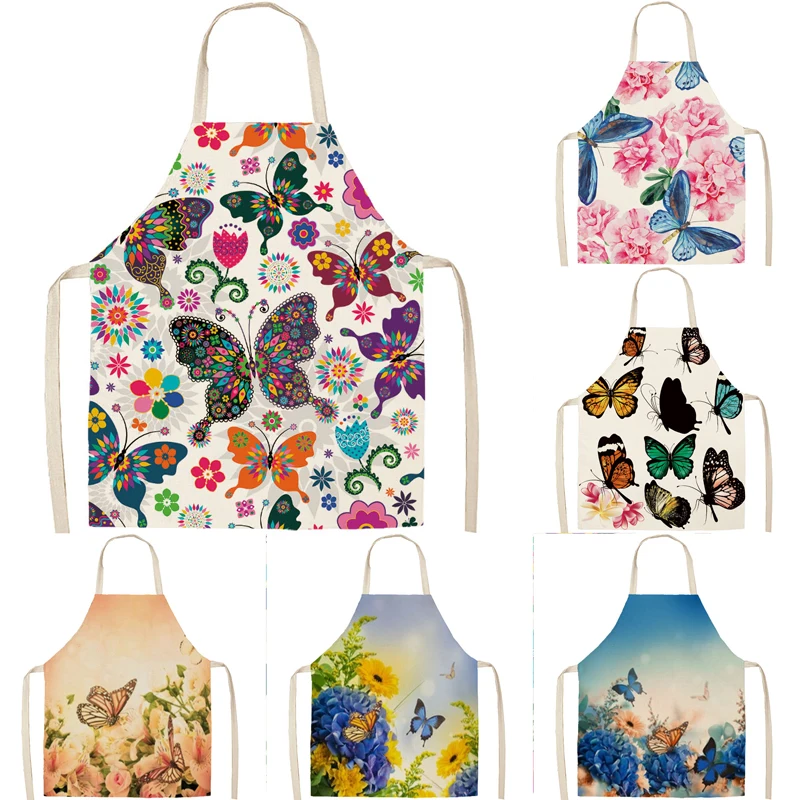 

Butterfly pattern kitchen anti fouling linen apron for household sleeveless hanging neck digital printed bib