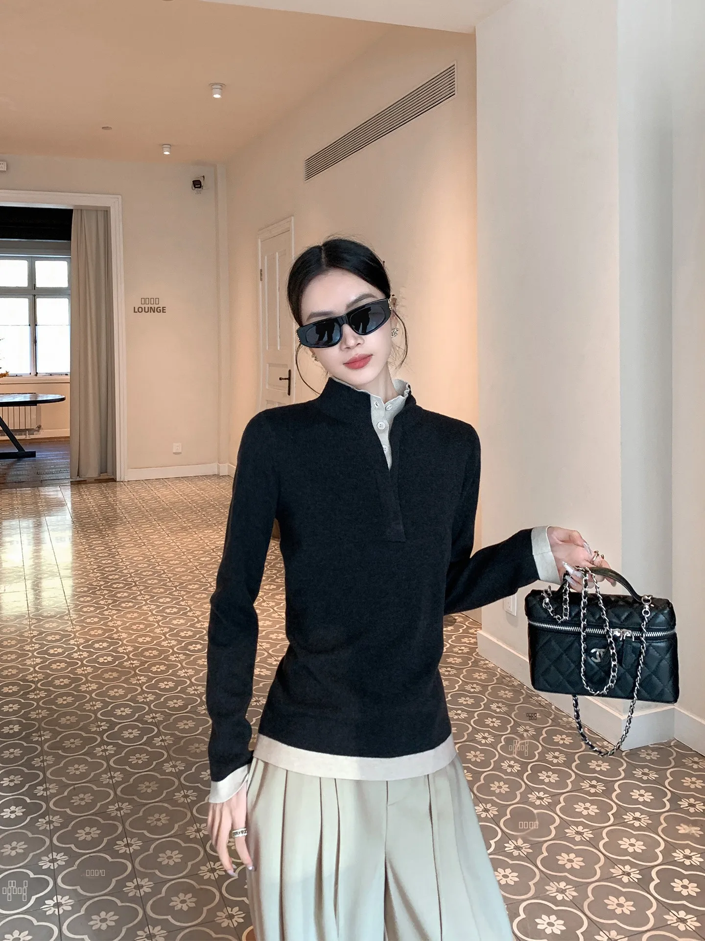 

Binguo ey Wool Blend Knitted irt Collar Women's Spring New High-End Feeling Fake Two-Piece Top Comfortable Medium Softn