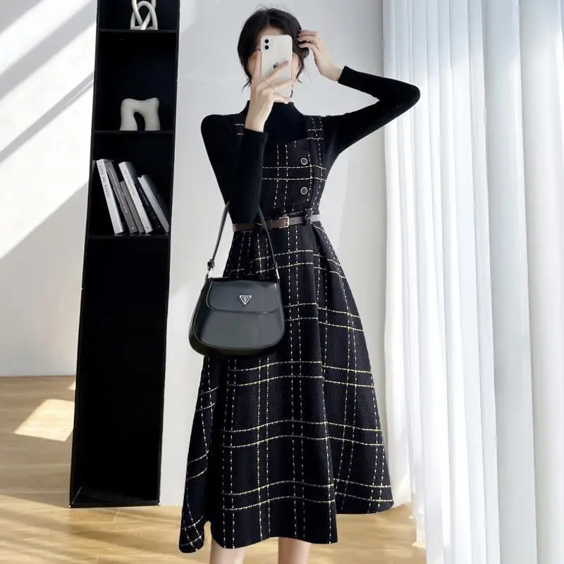 Strap dress women\'s autumn and winter new a-line woolen winter plaid tank dress