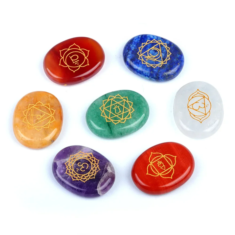 7 Piece Natural Chakra Semi-precious Stones Engraved Crystal Reiki Healing Holistic Balancing Symbols Set