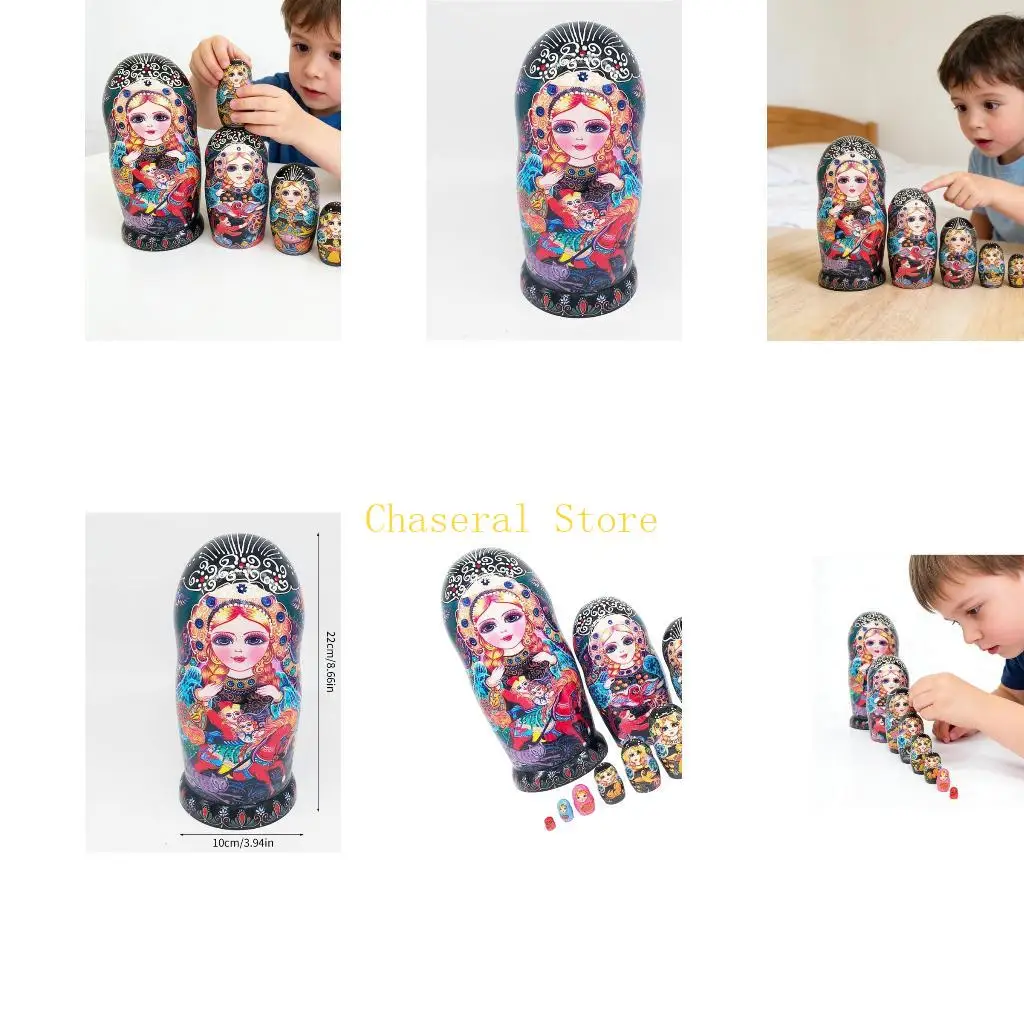 E7CE Russian Nesting Dolls Wooden Stacking Toy 10 Layers Handpainted Matryoshka Educational Toy for Children Collectors