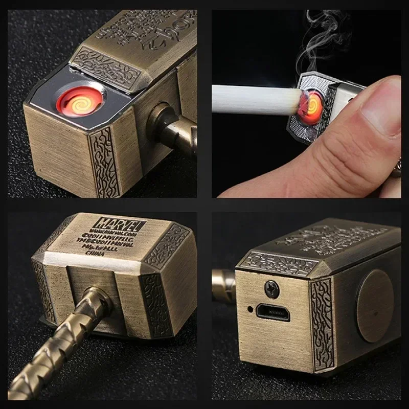 Mini Metal Thor Hammer Pendant USB Charging Lighter Tungsten Wire Electric Induction Lighter Creative Handmade Keychain Gift