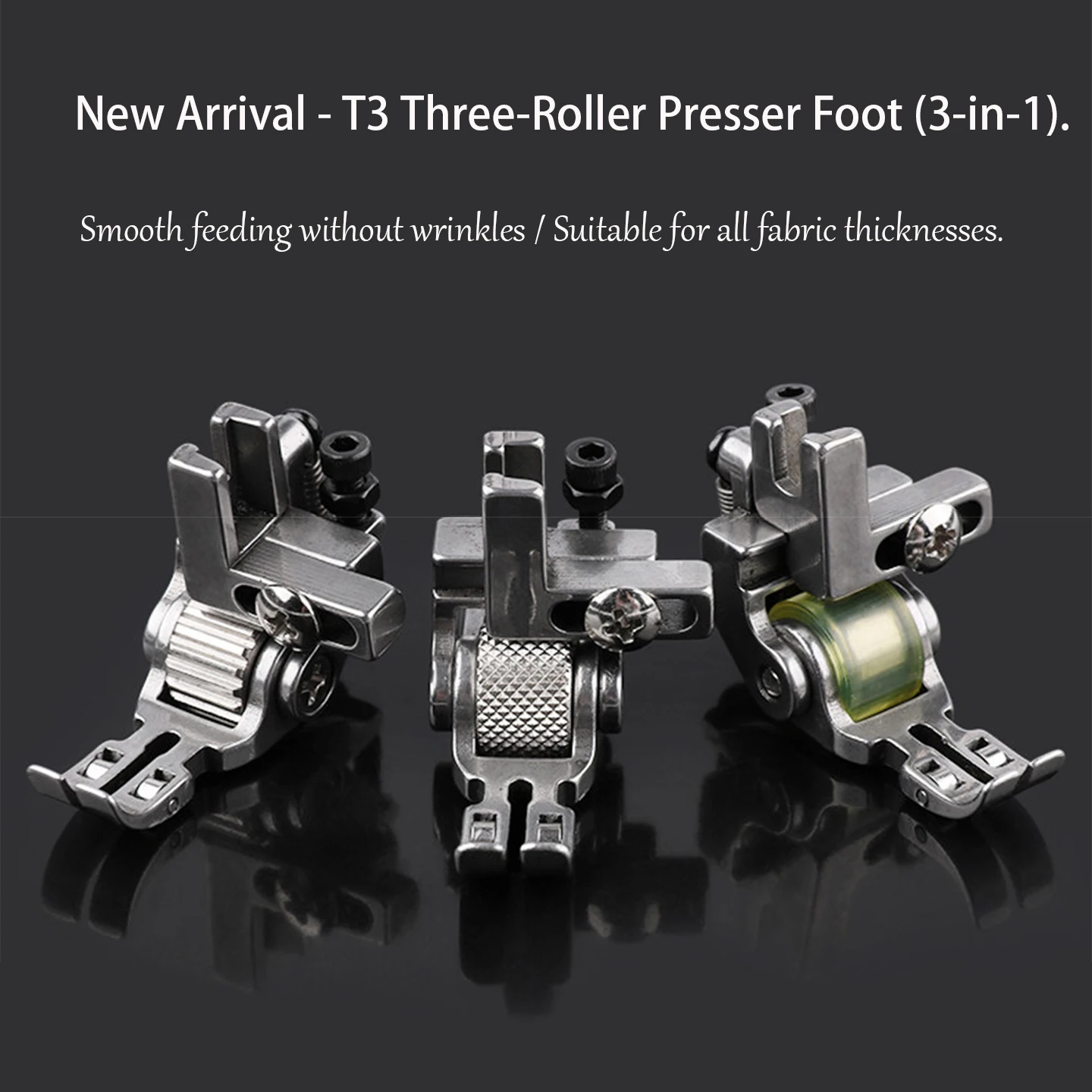 Neuer T3 3-in-1 Drei-Rollen-Nähfuß aus Vollstahl mit 4 Rollenoptionen für industrielle Steppstichmaschinen, verstellbare Nadelposition