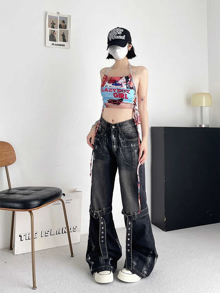 Women's Black Gothic Y2k Cargo Jeans Harajuku Emo Denim Trousers Y2k Jean Pants Vintage Japanese 2000s Style Trashy Clothes 2024