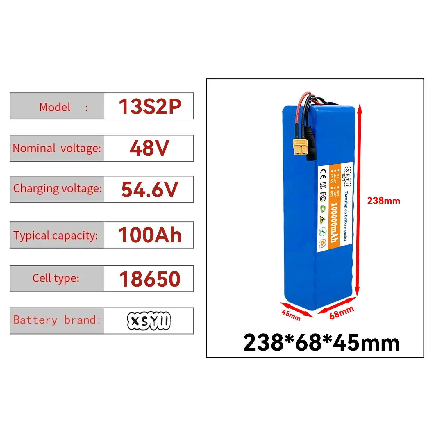 13S2P 48V 100Ah High Power 18650 Battery Electric Vehicle Electric Motorcycle DIY Battery with BMS + 54.6V 2A Charger