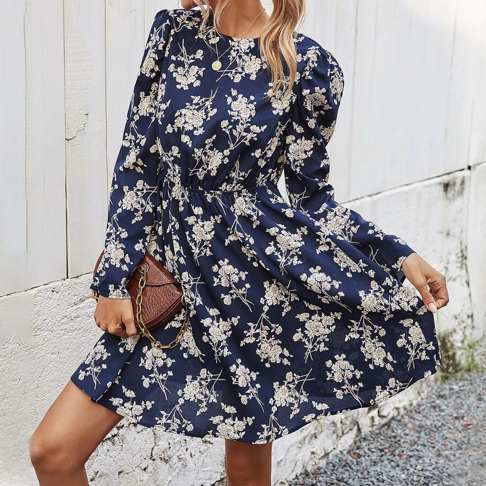 Women'S Spring New Fashion Broken Flowers Closed Waist Dress, Long-Sleeved Crew Neck Print Elastic Waist Dress Women Vestidos