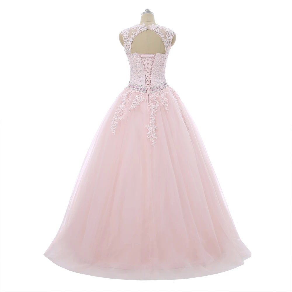 Pink Quinceanera Dresses Ball Gown Cap Sleeves Tulle Appliques Beaded Crystals Mexican Sweet 16 Dresses 15 Anos