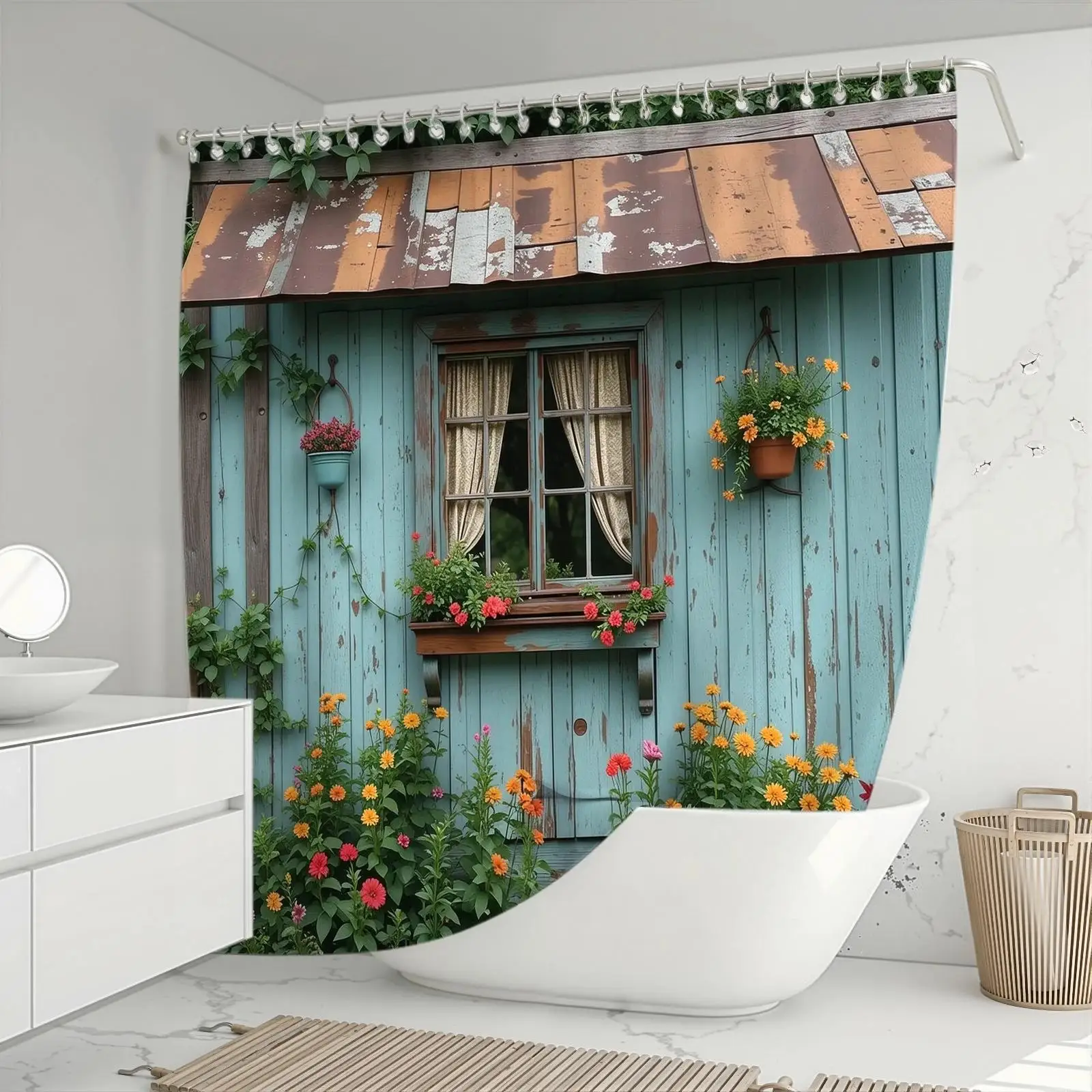 1pc 2D Flat Shower Curtain, Rustic Blue Wooden Cabin & Colorful Garden Flowers Printed Shower Curtain, Decor for Bathroom