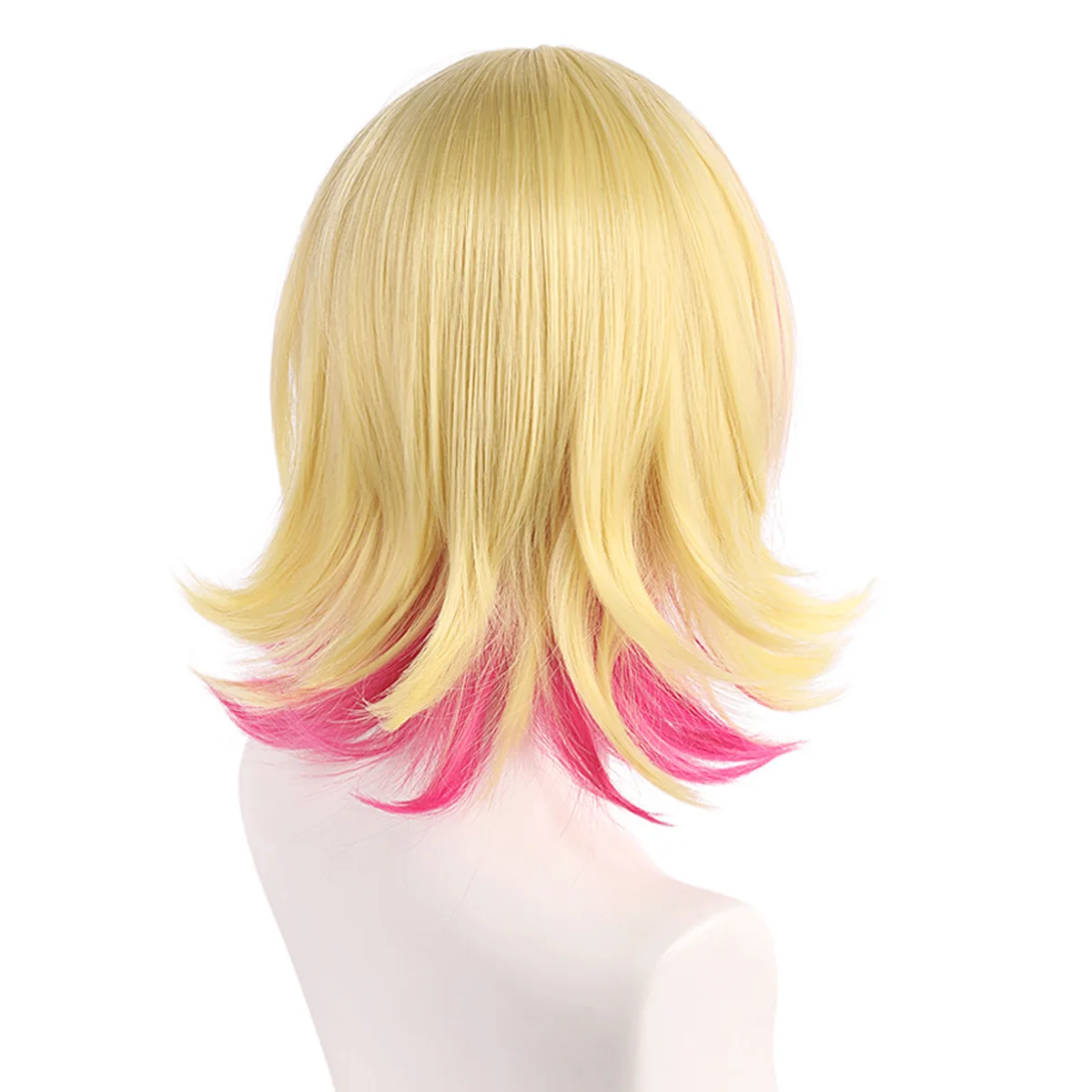 Anime wigs for Rin Cosplay Wig Short Blonde Wavy Wigs with Pink Highlighted Bangs Synthetic Halloween Wigs