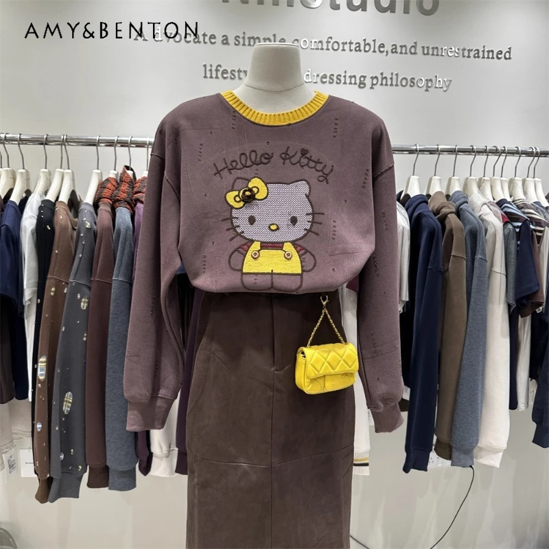 

Autumn Winter New Women's Short Jacket Loose Hoodies Jacket Heavy Embroidery Flower Ripped Cartoon Round Neck Sweatshirt Coat