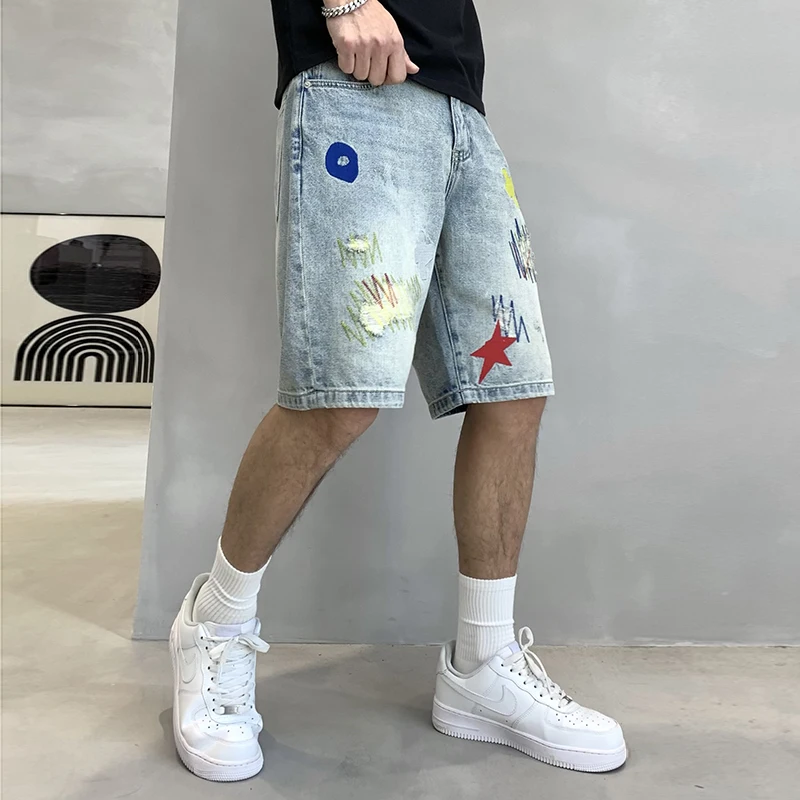 Embroidered Hole Torn Summer New Men'S Washed Denim Trendy Capris Loose Straight Leg Versatile Casual Pants