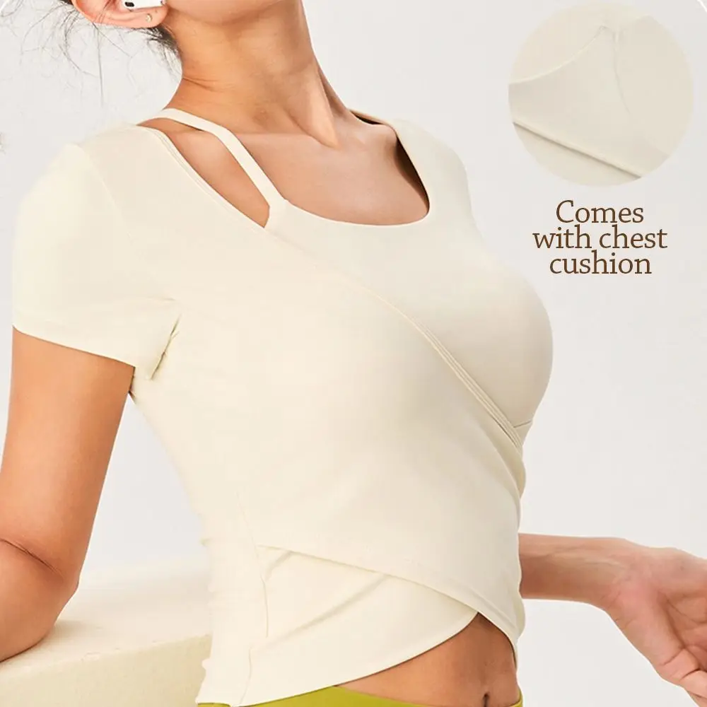 

Running with Sports Bra Yoga Shirt Cross-Wrap Short-Sleeve Exercise Top Breathable Elastic Tank Top Women