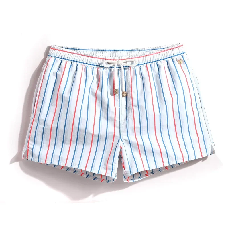 Gailang Beach Pants Men\'s Beach Vacation White Striped Shorts Hot Spring Swimming Pants with Inner Lining