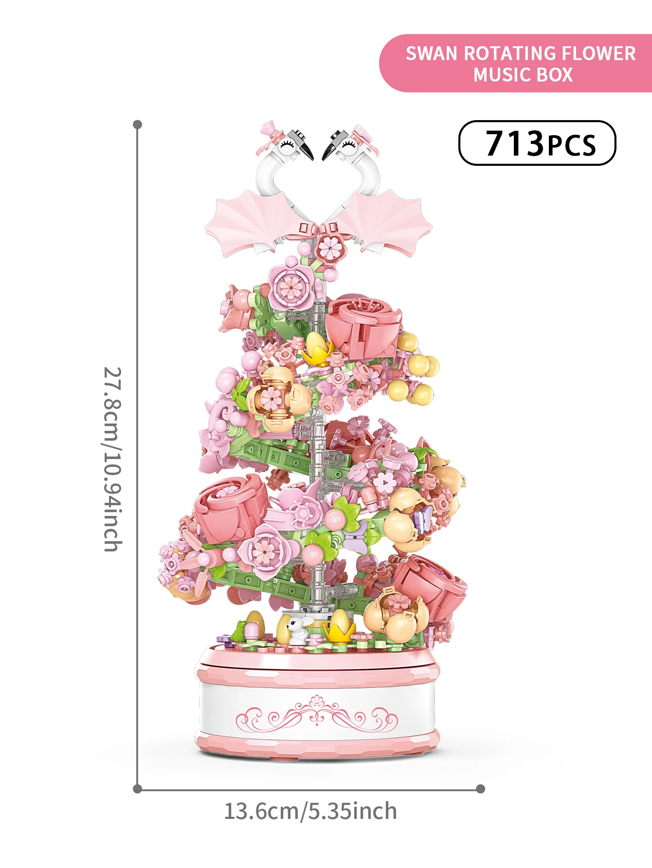 Klocki konstrukcyjne, pozytywka z kwiatem i łabędziem, 713 elementów, seria ozdób do dekoracji domu