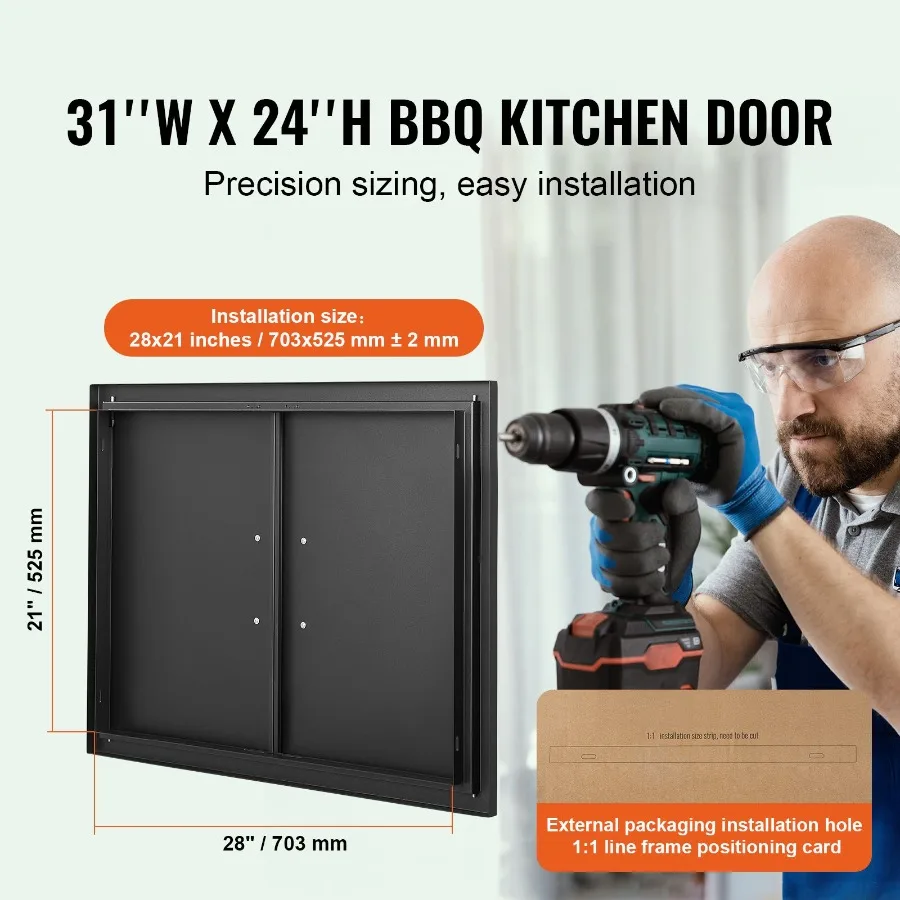 BBQ Access Door, 31W x 24H Inch Double Outdoor Kitchen Door, Cold Plate Flush Mount Door, Wall Vertical Door with Handles, for