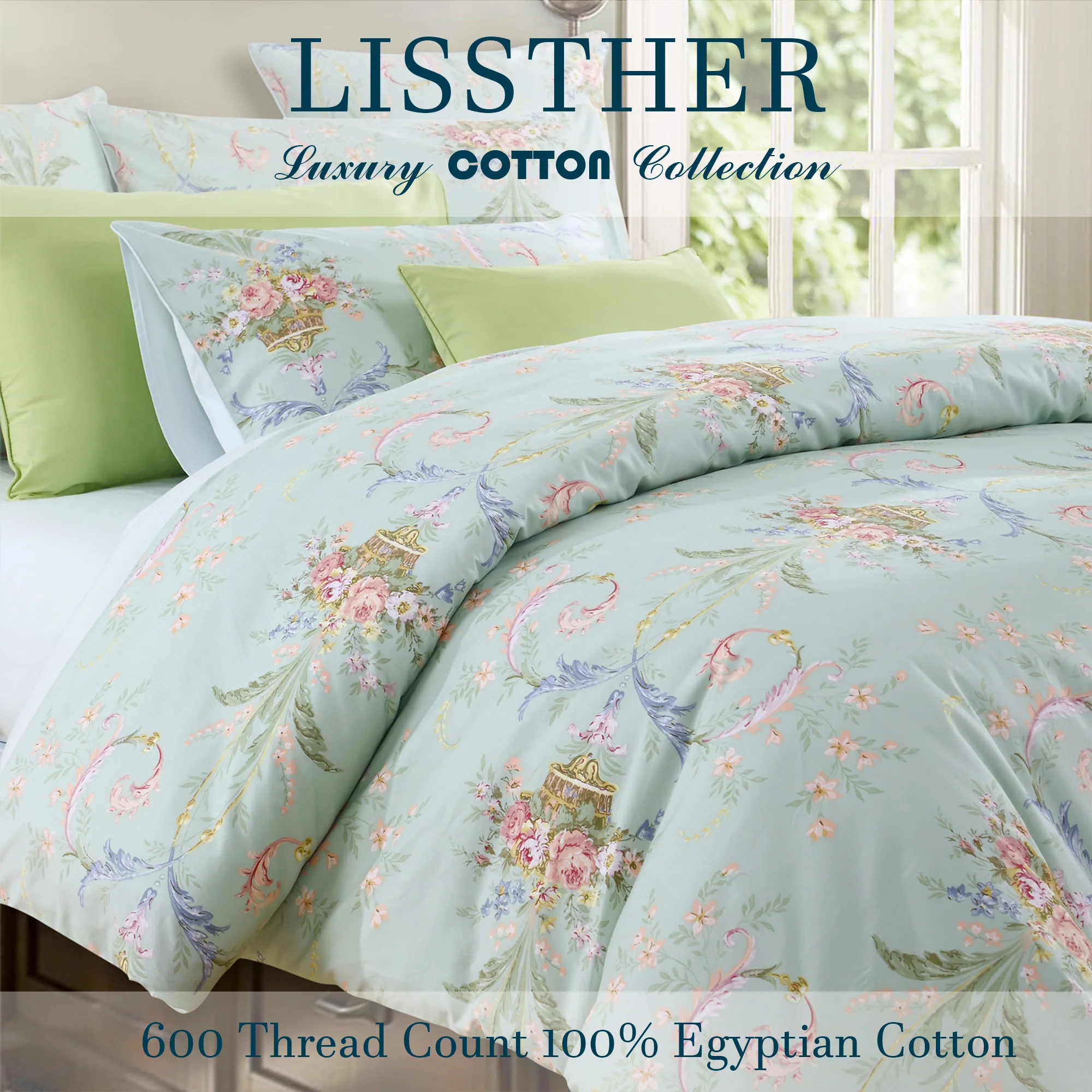 

3pcs 600 TC 100% Egyptian Cotton Duvet Cover Set (Without Core), The Art of Floral Luxury, Soft Breathable And Skin-friendly