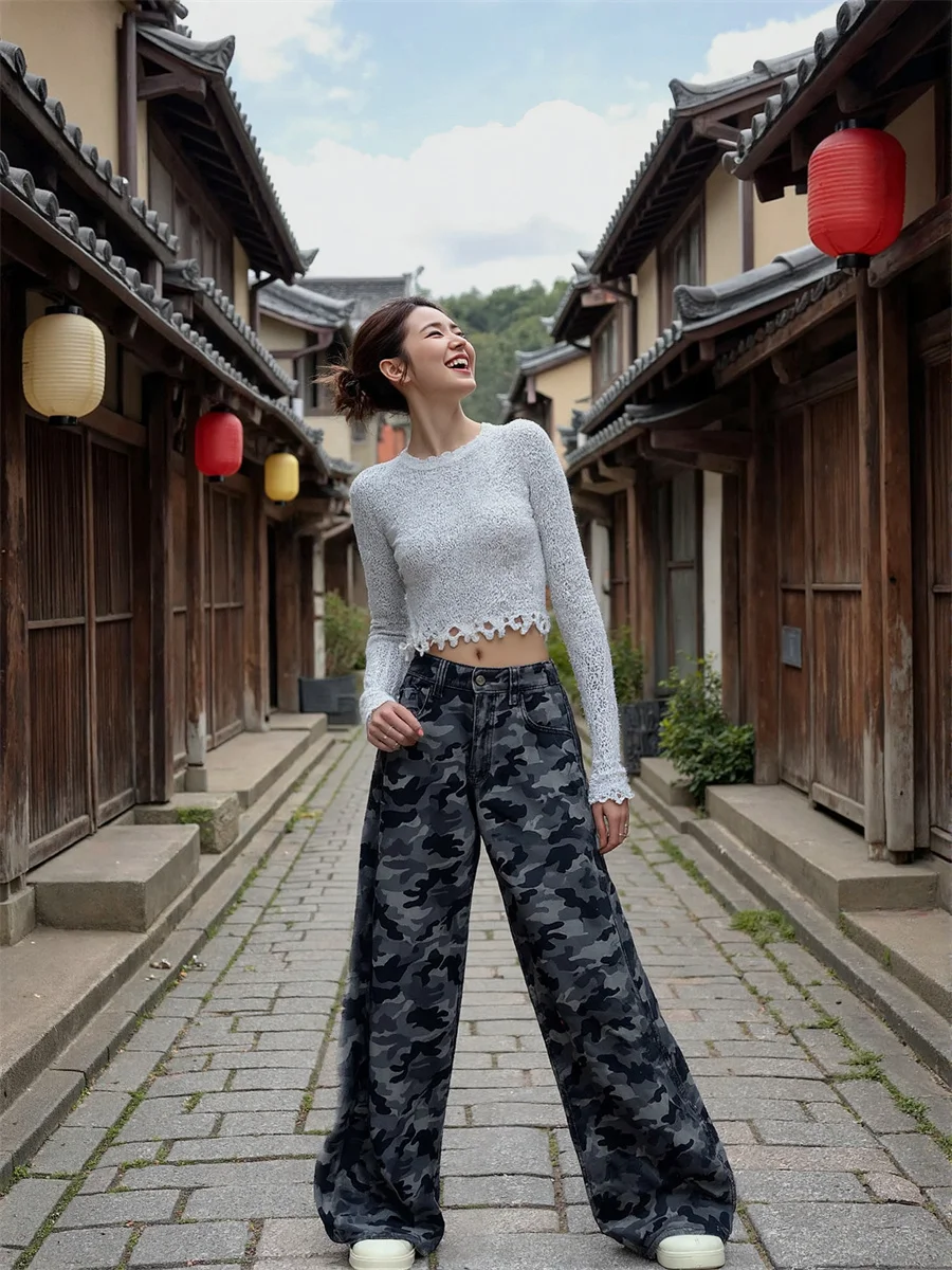 

Camouflage Wide Leg Floor Jeans Womens Flared High Waisted Y2K Gothic Oversize Straight Trousers Embroidered Summer Stylish