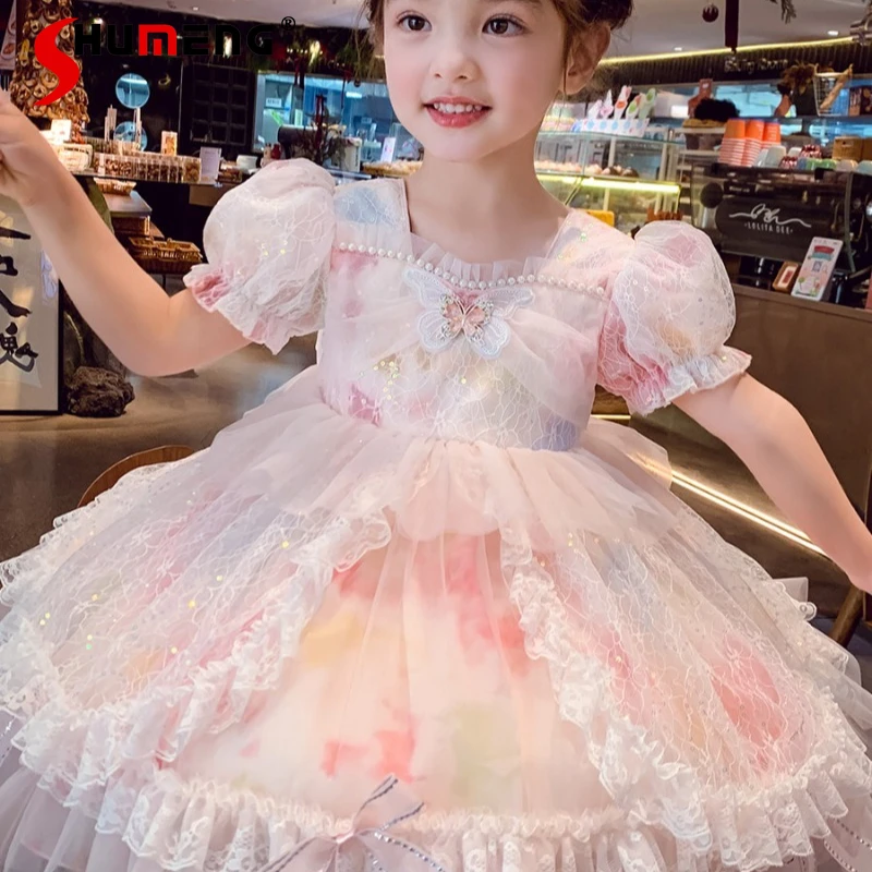 

Летнее платье принцессы для девочек, новый стиль, шикарное детское сетчатое платье в стиле Лолита, милое платье с короткими пышными рукавами для дня рождения