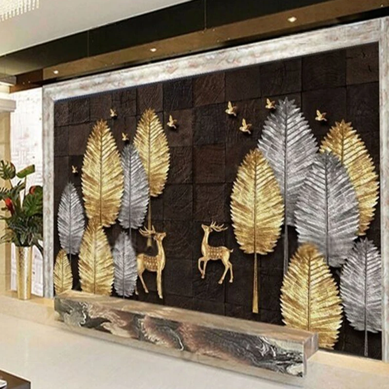 Lukisan minyak gaya Cina baru yang megah dan kreatif dengan motif rusa dan burung emas dan perak untuk dekorasi dinding latar belakang rumah mewah